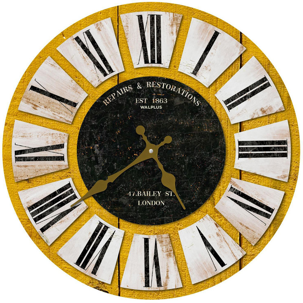 Walplus Yellow Wooden Vintage Wall Round Clock 30cm Image 1
