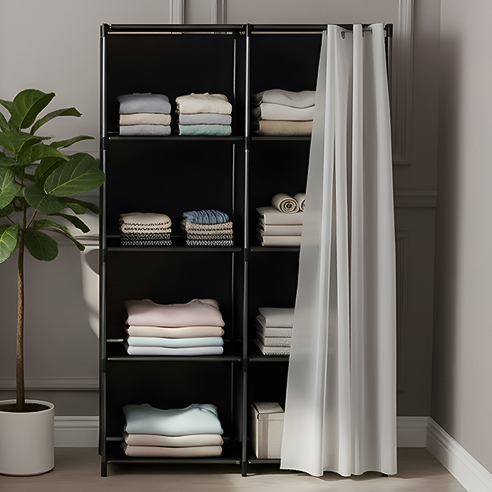 Living and Home 4-Tier Black Freestanding Portable Wardrobe with Double-Row Storage and Curtain Image 1
