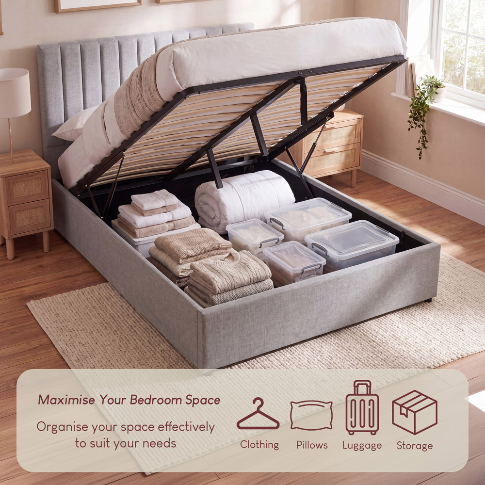 VIDA DESIGNS Vellaro Double Light Grey Linen Fabric Ottoman Bed with Headboard Image 5