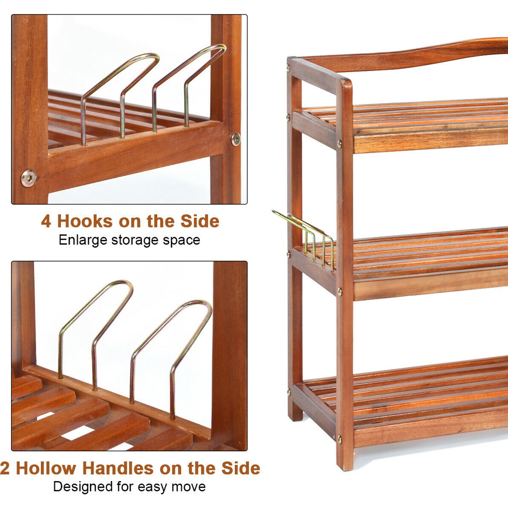Costway 3 Shelf Solid Acacia Wood Shoe Rack with Side Metal Hooks Image 7