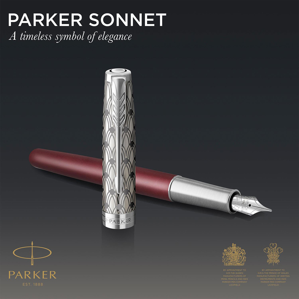 Parker Sonnet Metal Red with Fine 18K Gold Nib Black Ink Fountain Pen Gift Box Image 6