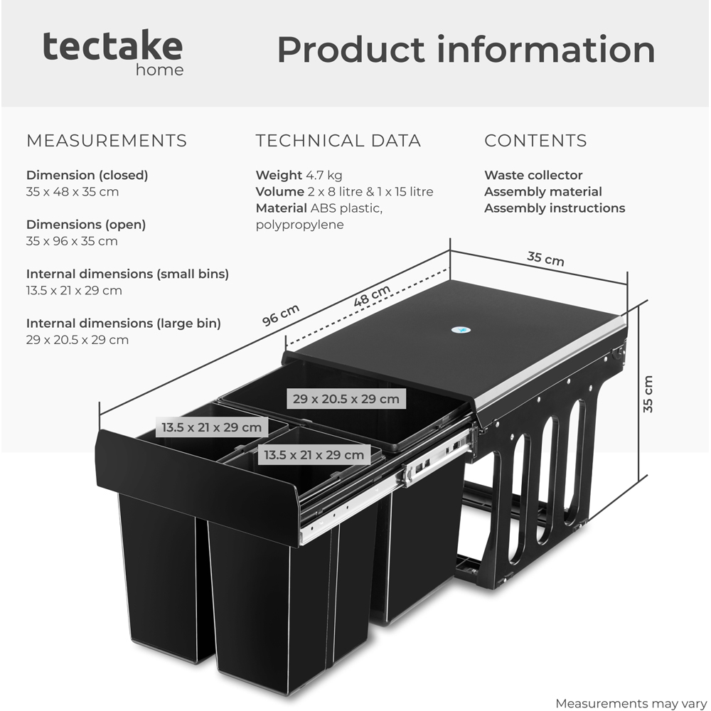 Tectake Ashlyn 3 Compartment Black Telescopic Kitchen Bin 31L Image 9