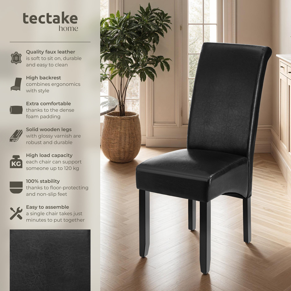 tectake Set of 4 Black Faux Leather High Backrest Dining Chair Image 3