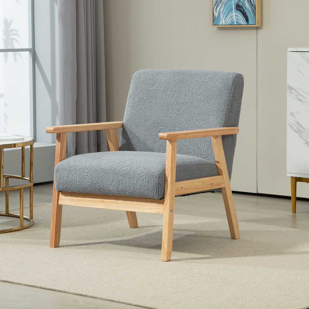 HOMCOM Grey Wood Frame Accent Armchair with Cashmere Cushions Image 4