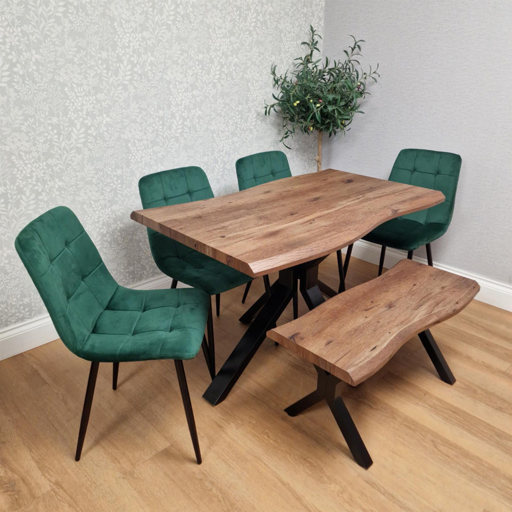 Kosy Koala 6 Seater Wooden Effect Velvet Dining Set with Bench Green Image 1