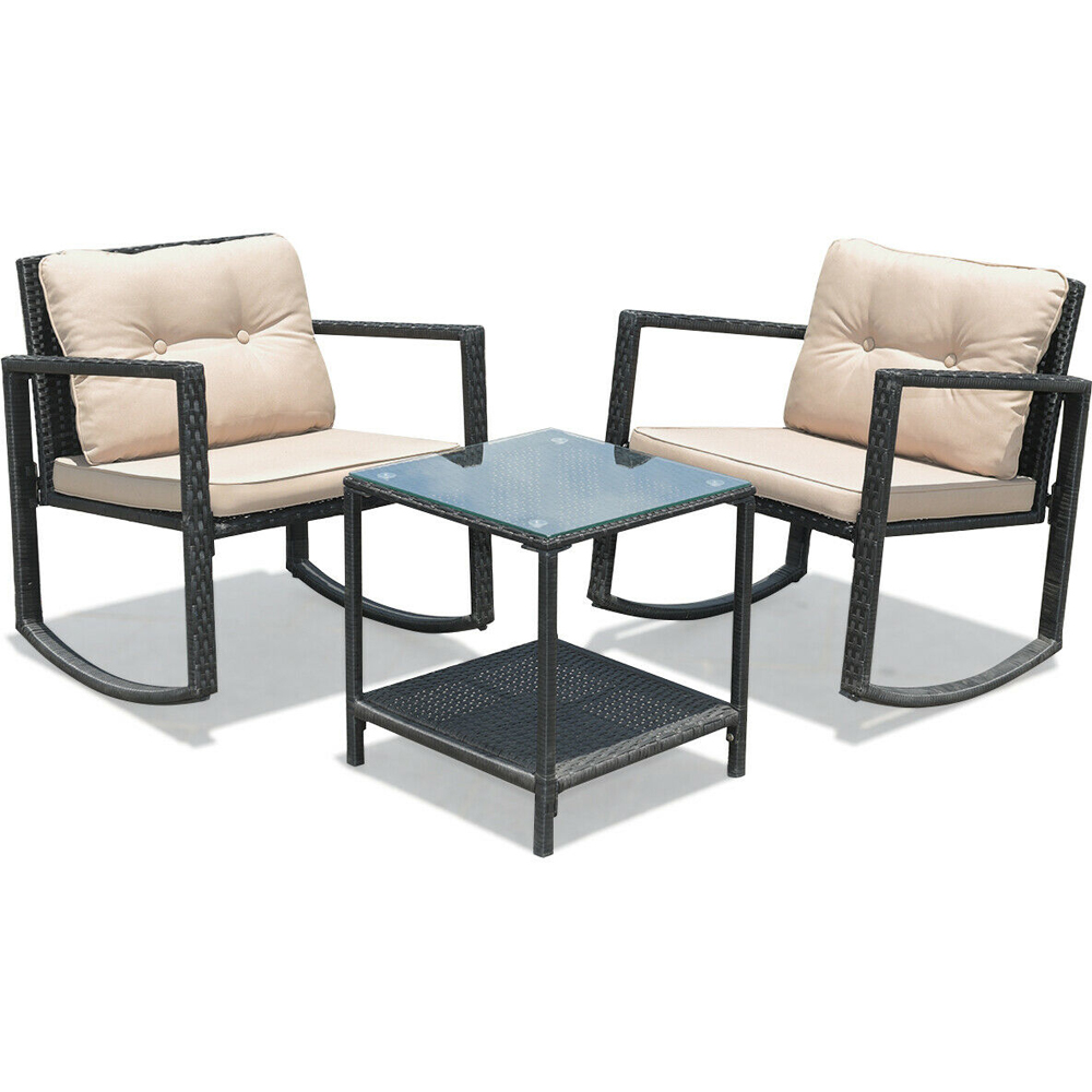 Costway 2 Seater Beige Garden Rocking Bistro Set with Cushion Image 2