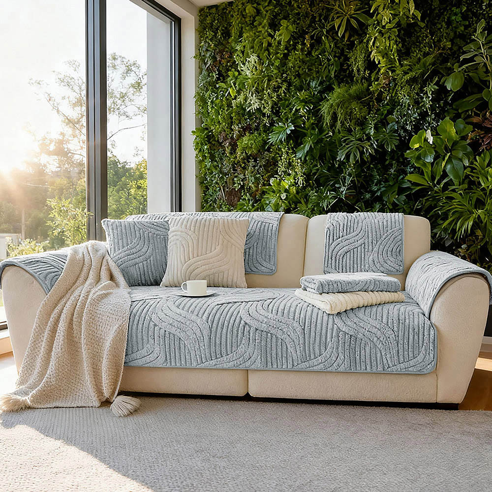 Living and Home 210 x 90cm Light Grey Minimalist Wavy Geometric Non-Slip Sofa Mat Image 2
