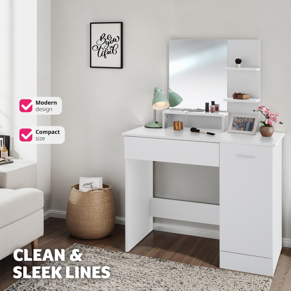 tectake Zoe Single Door Single Drawer White Dressing Table with Mirror Image 8