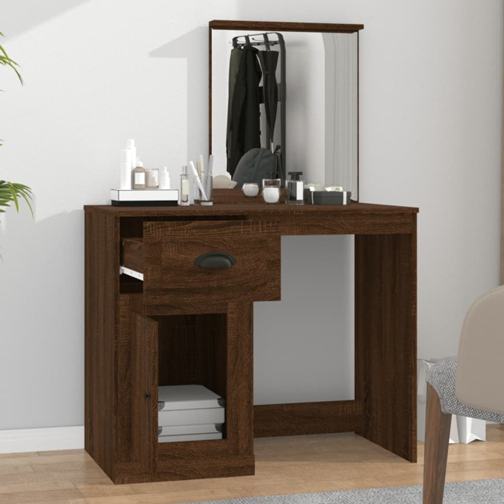 vidaXL Single Door Single Drawer Brown Oak Dressing Table with Mirror Image 1