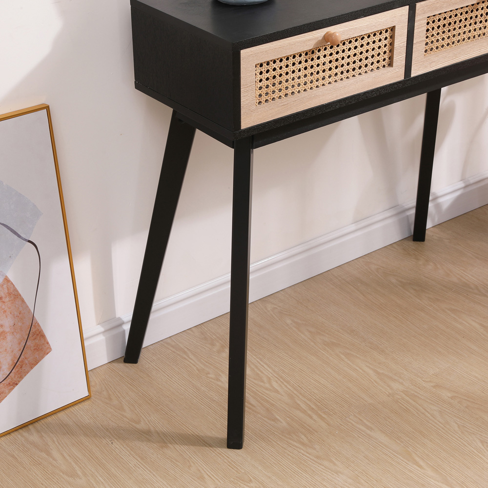 FurnitureHMD 2 Drawer Black Rattan Weaving Console Table Image 8