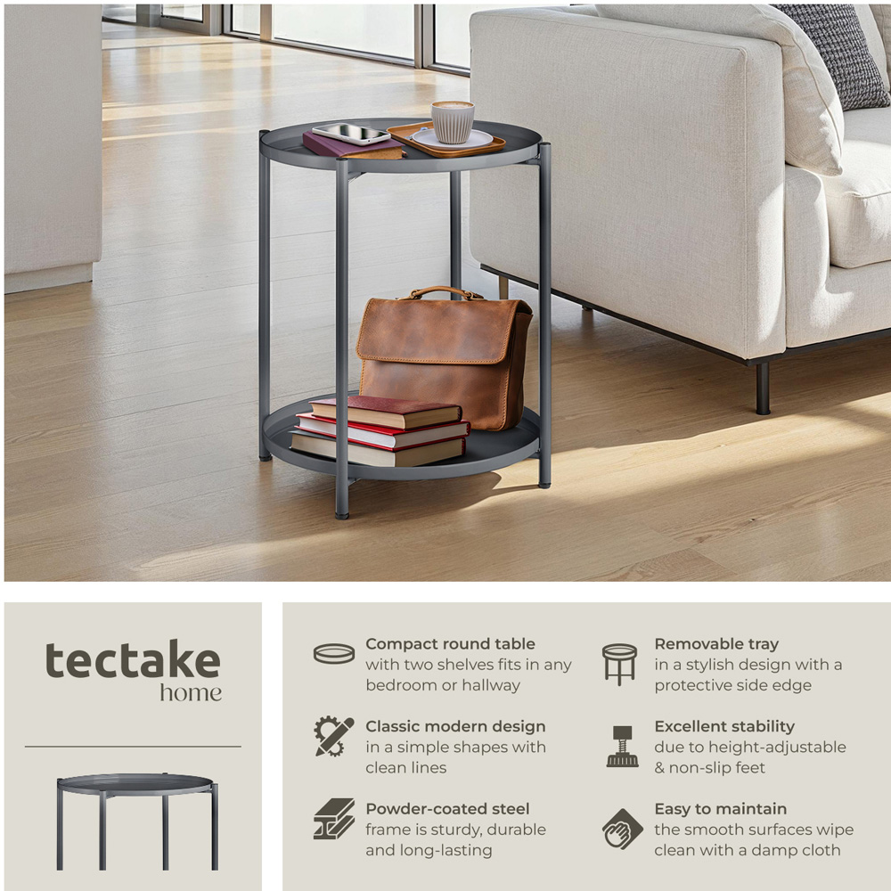 tectake Oxford 2 Shelf Dark Grey Round Bedside Table Image 3