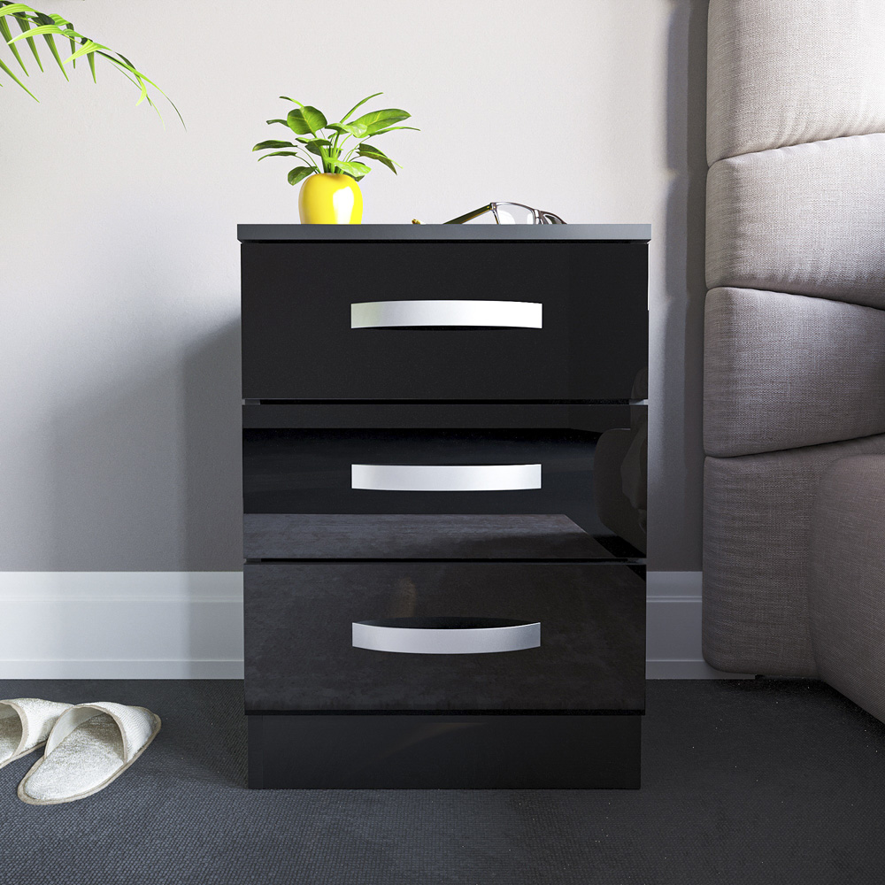 Vida Designs Hulio 3 Drawer Black Bedside Table Image 7