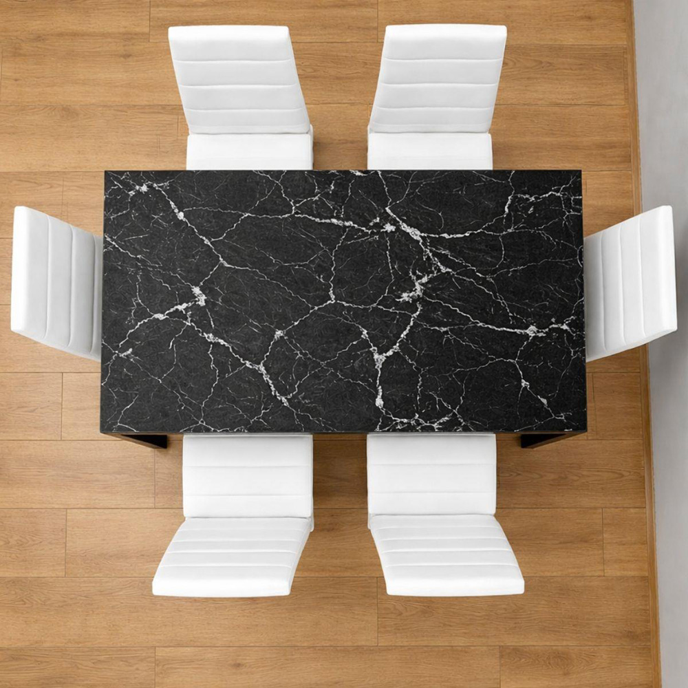 Portland 6 Seater Marble Effect Faux Leather Dining Set Black and White Image 4