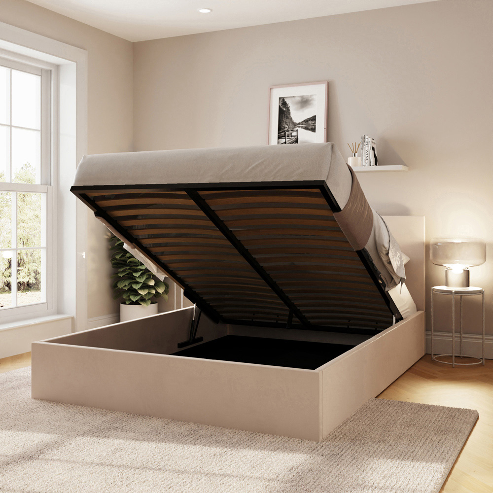 GFW King Size Natural Velvet End Lift Ottoman Bed with Memory Pocket Spring Mattress Image 9
