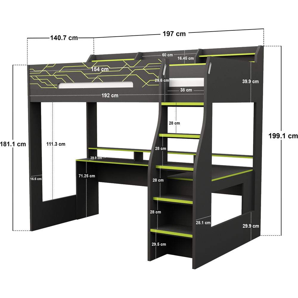 Recoil Ultimate Vivid Single Charcoal and Green High Sleeper with Desk Image 6