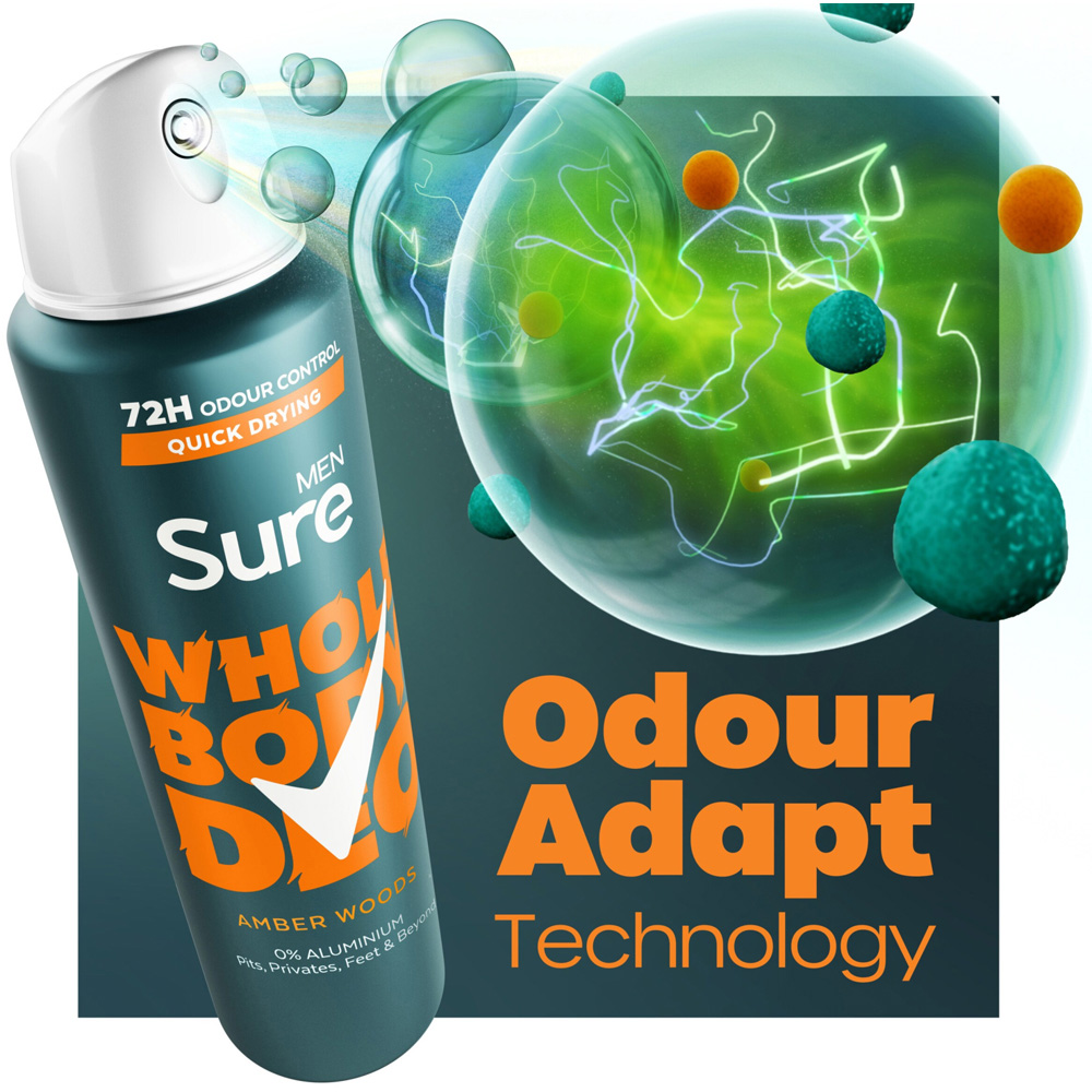 Sure Men Whole Body Amber Woods 72H Odour Protection Deodorant Spray 150ml 6 Pack Image 4