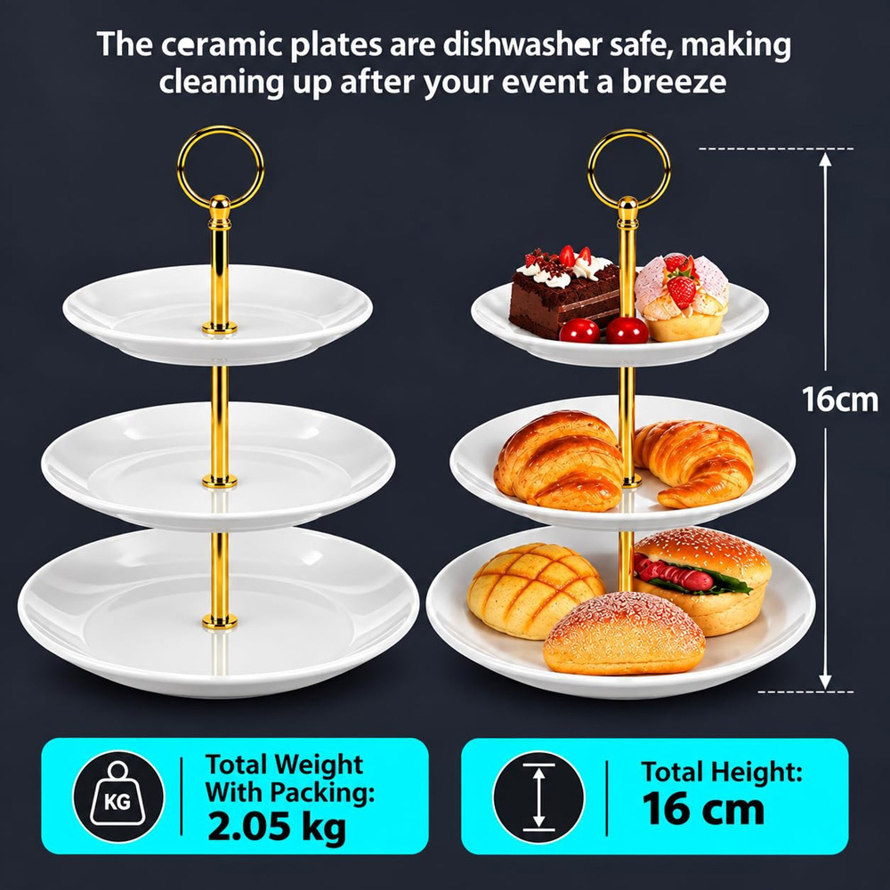 ATEK 3-Tier Ceramic Cake Serving Stand with Gold Handle Image 6