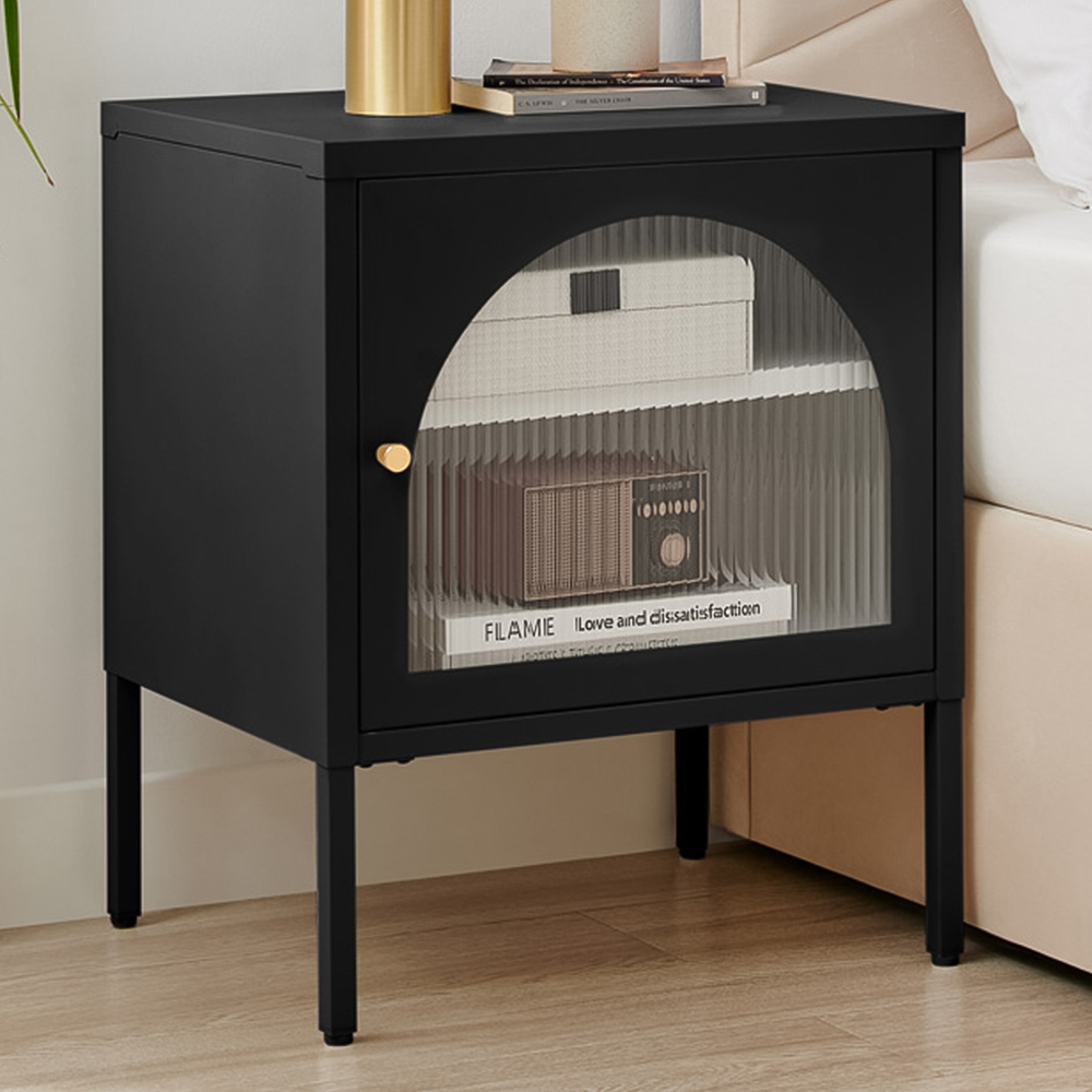 Furniturebox Alba Single Door Black Metal Bedside Table Image 1