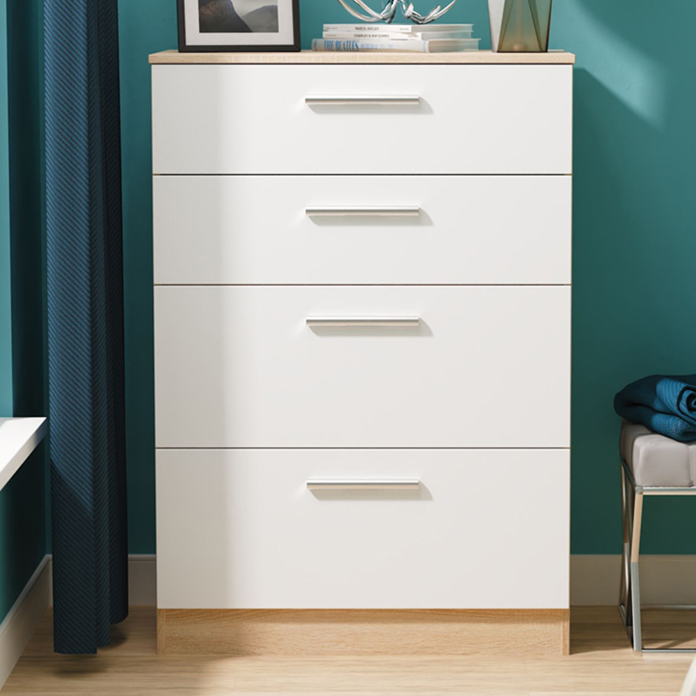 Crowndale Contrast 4 Drawer White Matt and Bardolino Oak Deep Chest of Drawers Ready Assembled Image 1