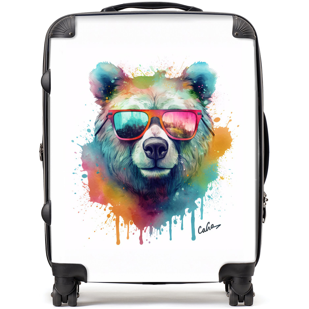 Warren Reed Designer Large Splashart Colourful Bear in Glasses Suitcase Image 1