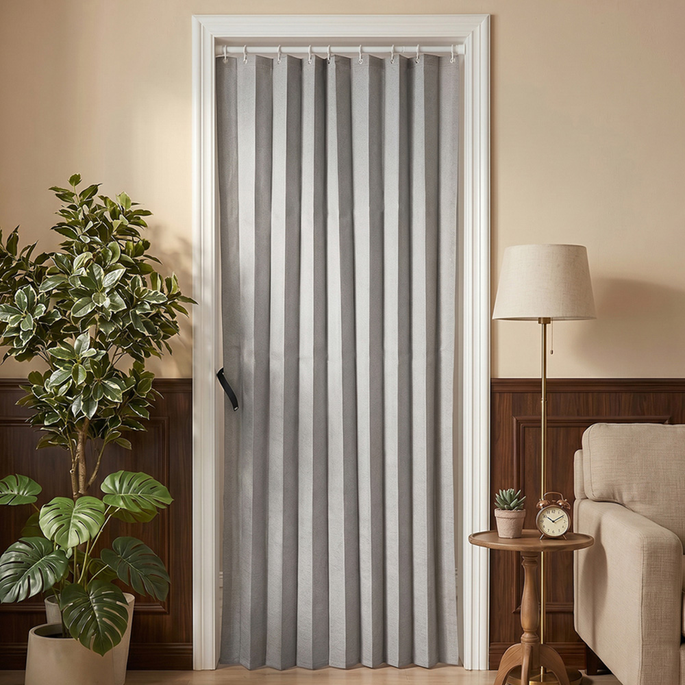 Living and Home Grey Faux Linen Semi-Sheer Pleated Folding Panel Curtain 120 x 200cm Image 1