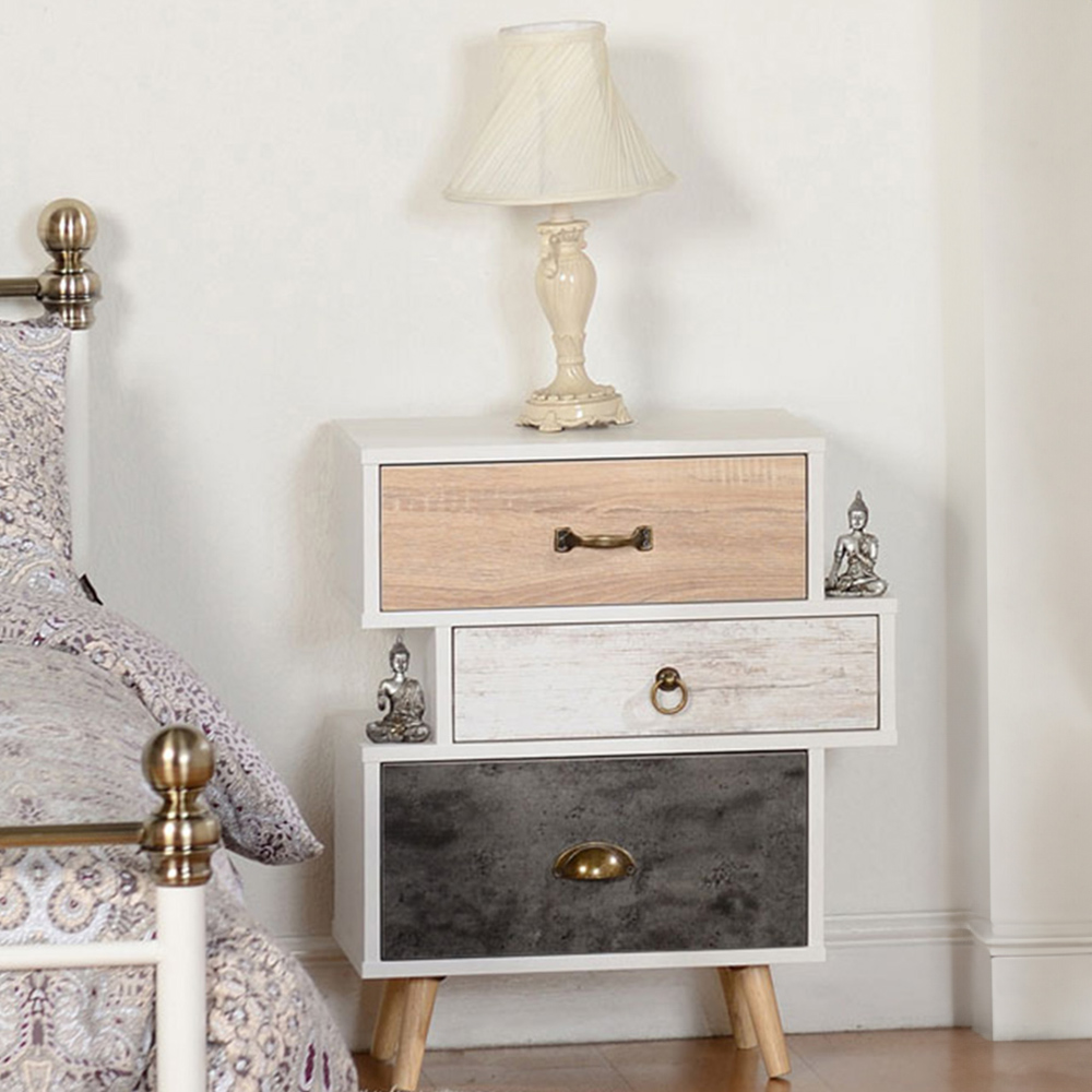 Seconique Nordic 3 Drawer White Distressed Effect Bedside Table Image 1