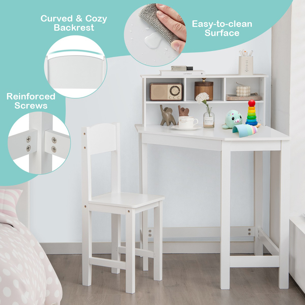 Costway Kids Corner Desk and Chair Set with Hutch White Image 7