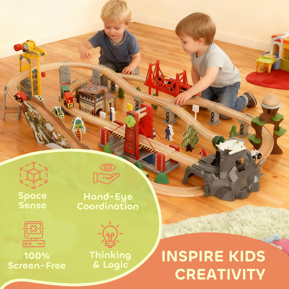 Tommy Toys AIYAPLAY 100 Piece Wooden Toy Train Set with Crane Image 4