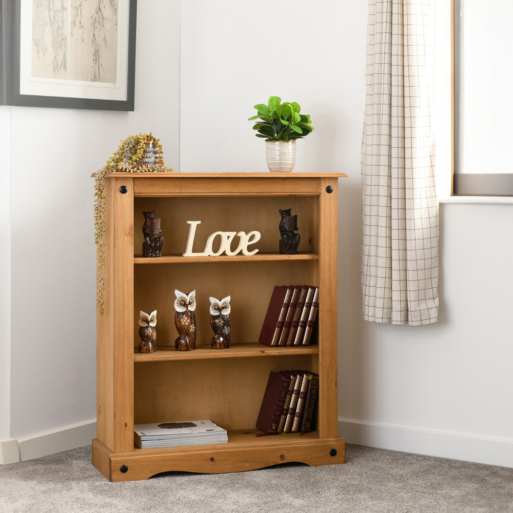 Seconique Corona 3 Shelf Distressed Waxed Pine Low Bookcase Image 6