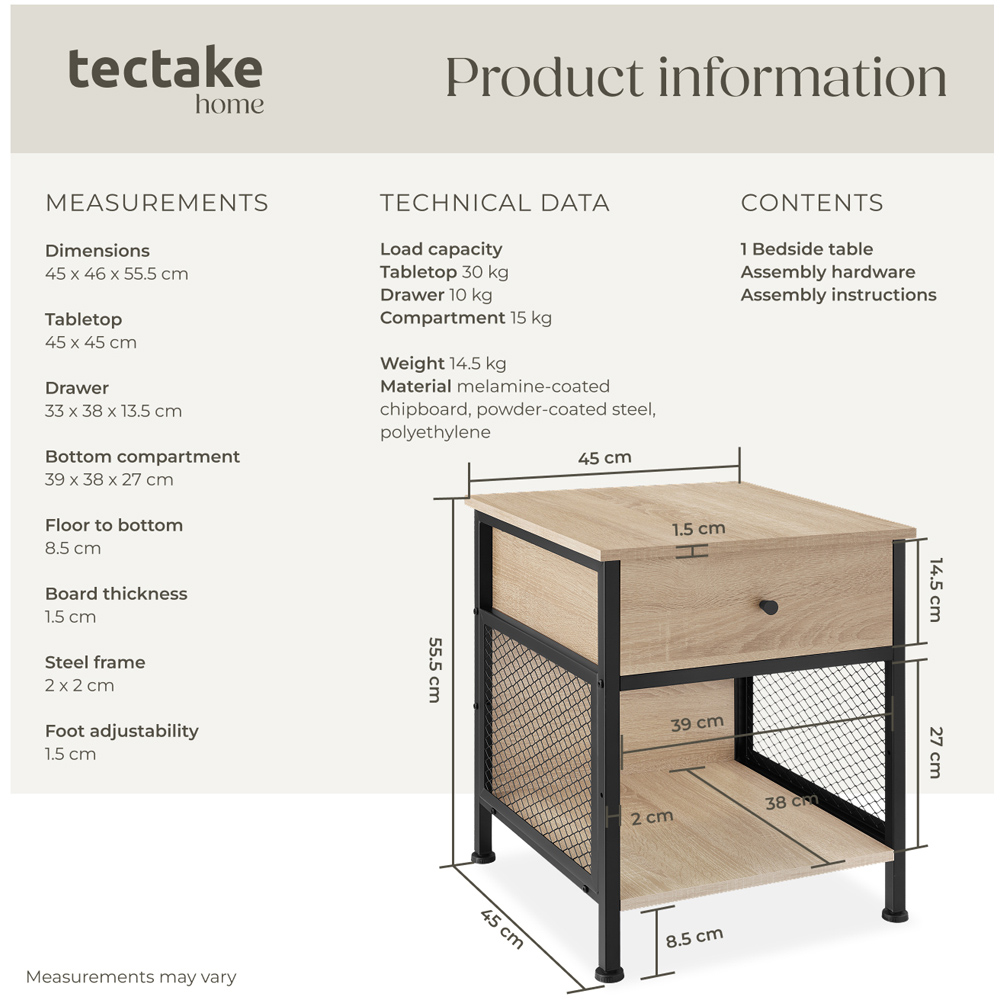 tectake Killarney Single Drawer Light Industrial Wood Bedside Table Image 9