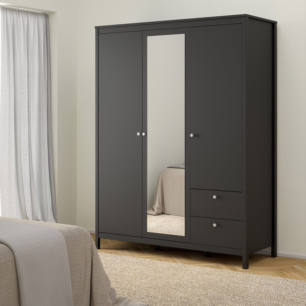 Florence Madrid 3 Door 2 Drawer Matt Black Wardrobe with Mirror Door Image 6