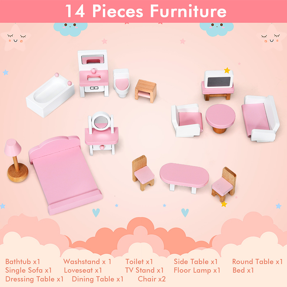 Costway Pink Large Wooden Dolls House Image 6