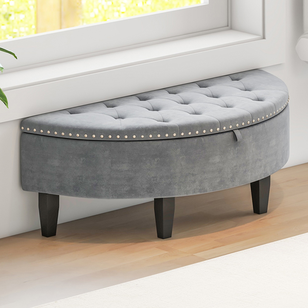 Costway Grey Velvet Half Moon Storage Ottoman Bench Image 1