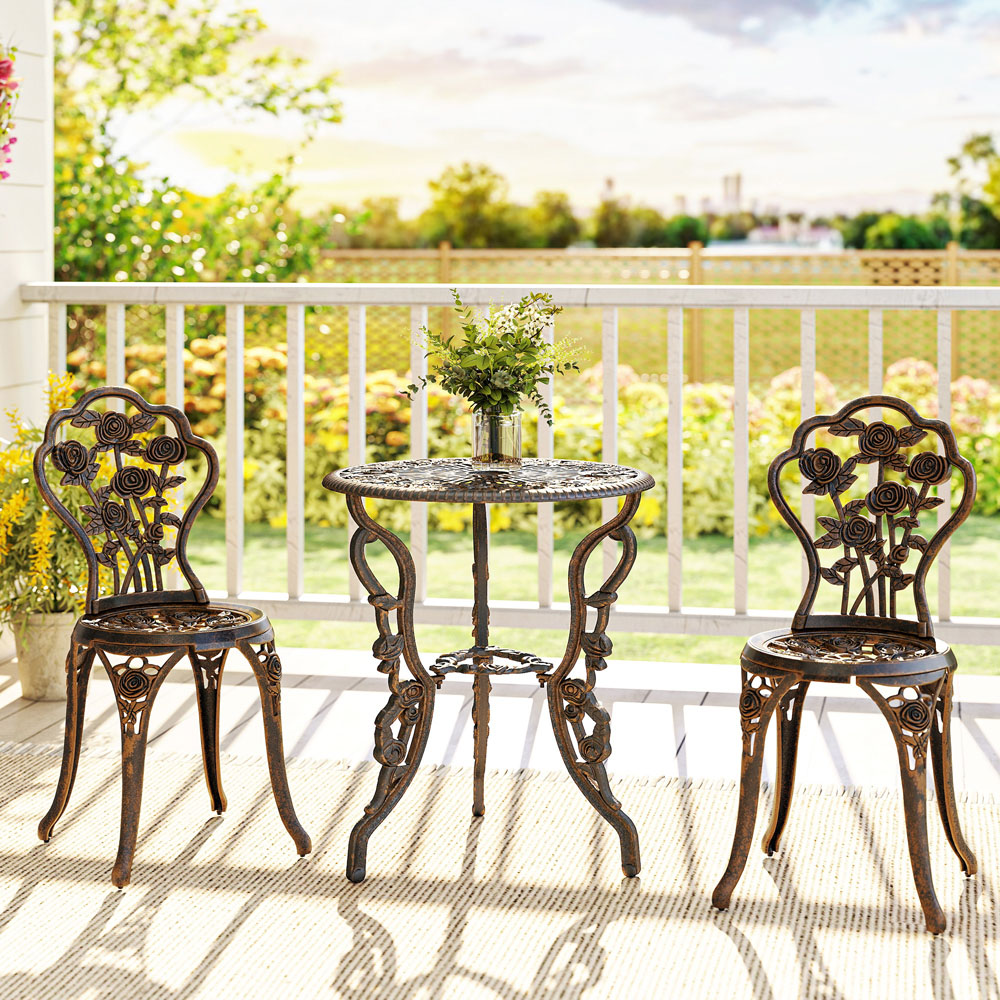 Outsunny 2 Seater Brown Rose Design Metallic Garden Bistro Set with Umbrella Hole Image 2