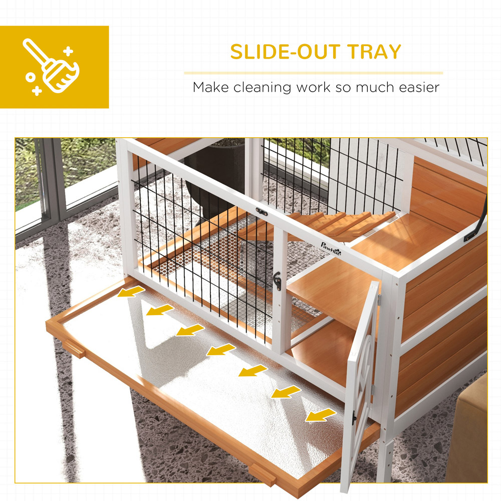 PawHut White 2 Tier Wooden Rabbit Hutch with Openable roof Image 3