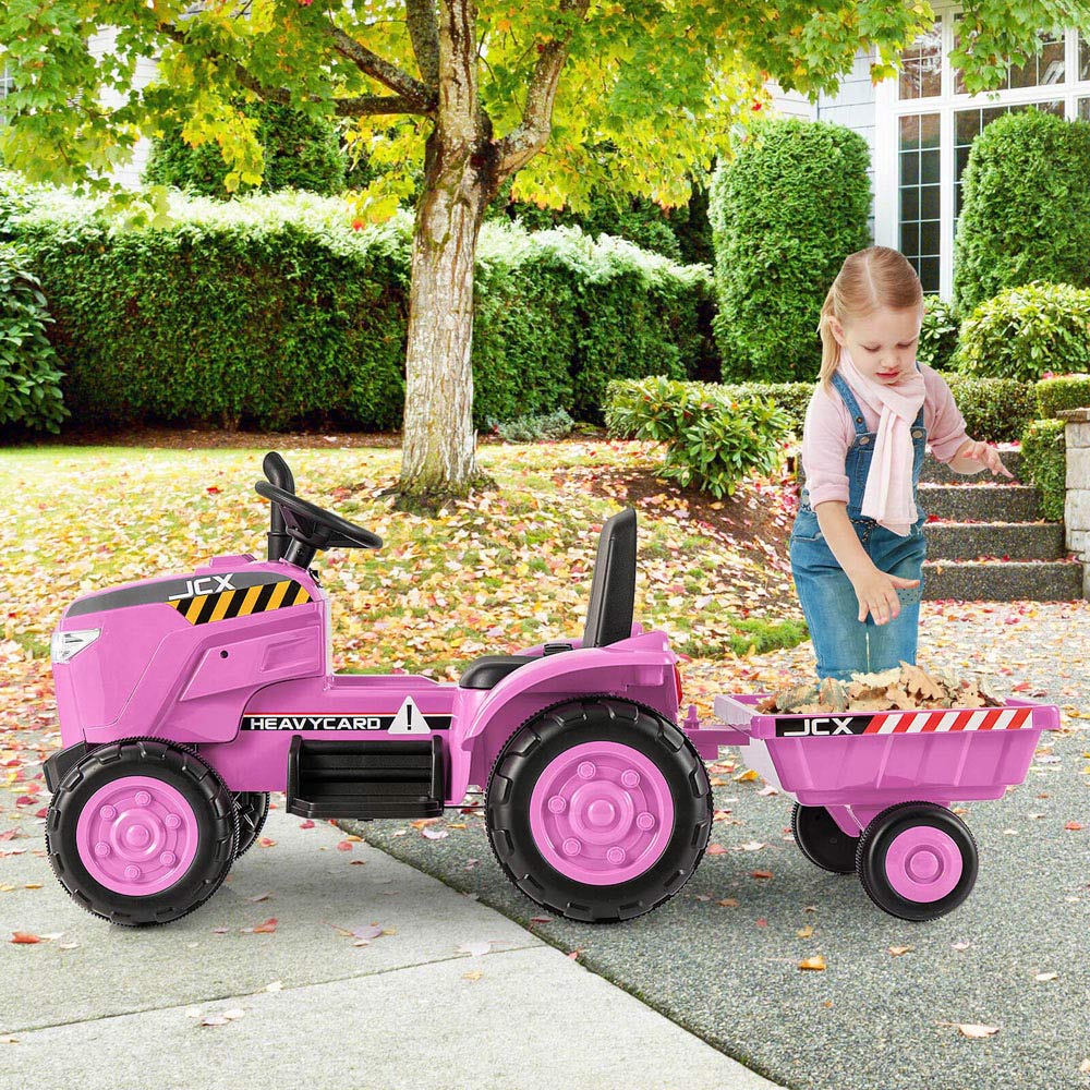 Costway Kids Pink Ride On Tractor with Trailer and Remote Control 12V Image 4