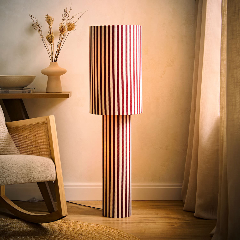 ValueLights Florence Burgundy Pinstripe Linen Midi LED Floor Lamp with Bulb Image 2