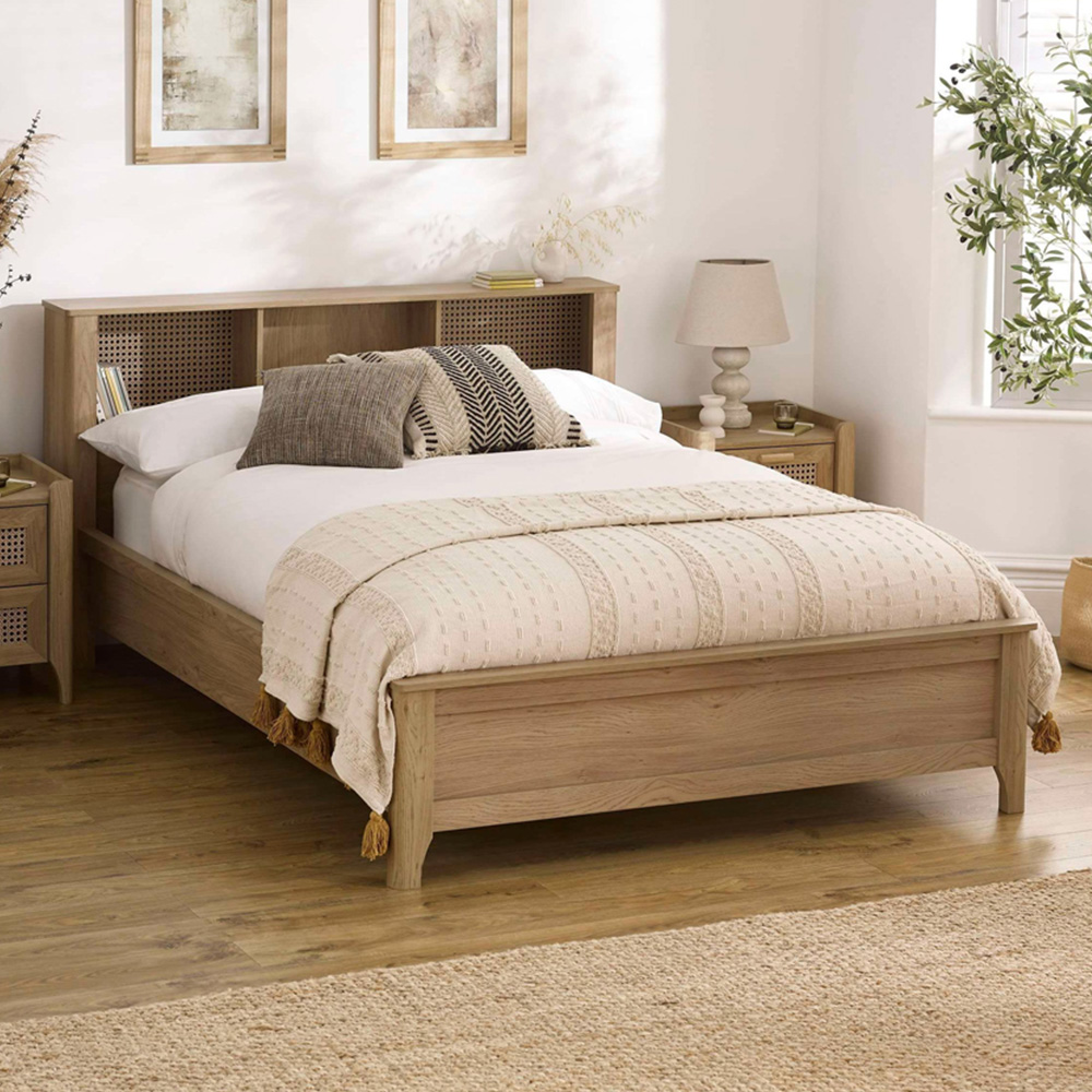 Julian Bowen Sydney King Size Oak Effect Rattan Print Bookcase Bed Frame Image 1