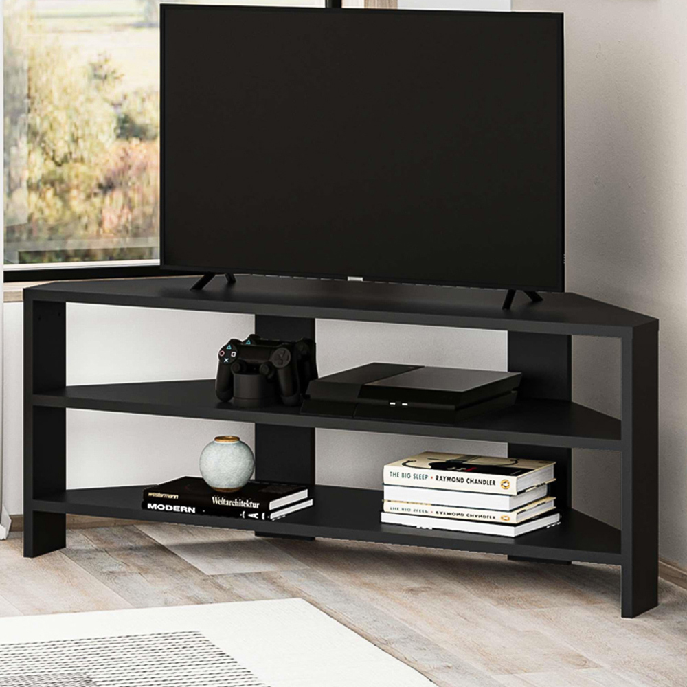 Decortie Thales 2 Shelf Black Bute Effect Corner Modern TV Unit Image 1