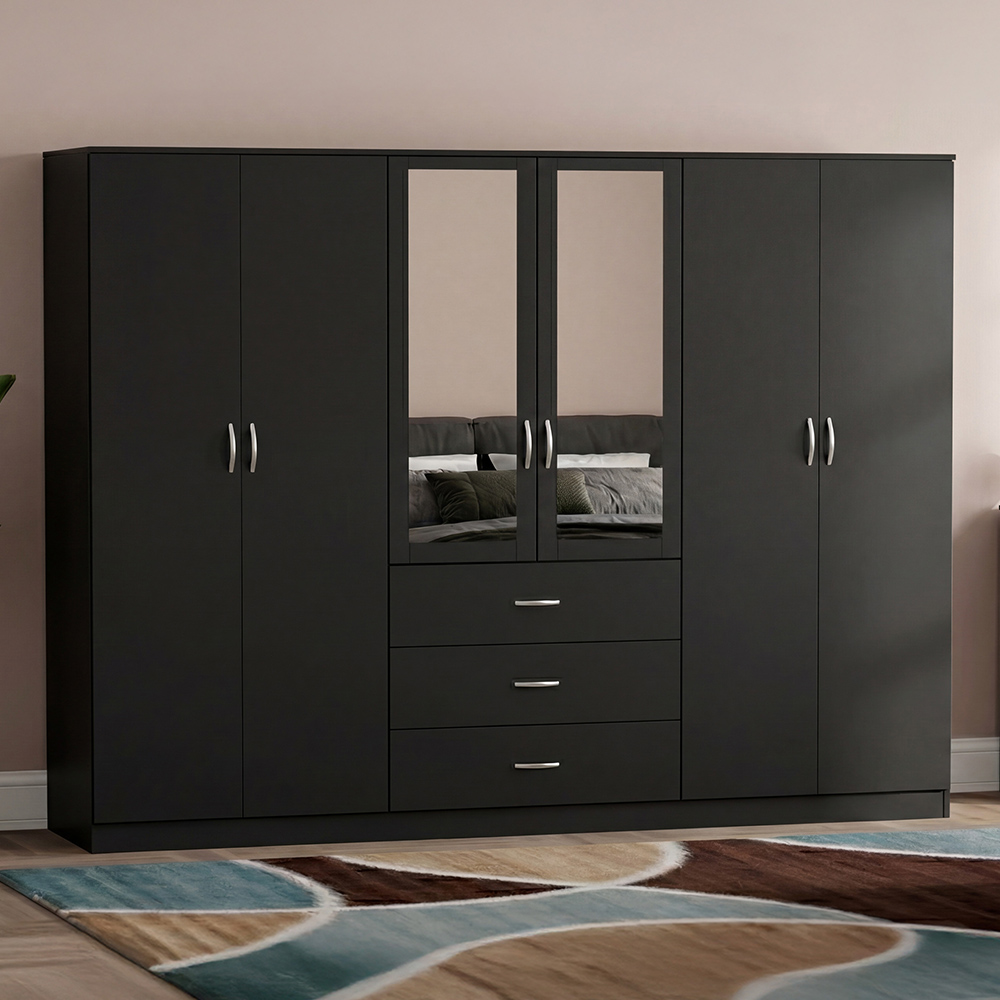 VIDA DESIGNS Riano 6 Door 3 Drawer Black Mirrored Wardrobe Image 1