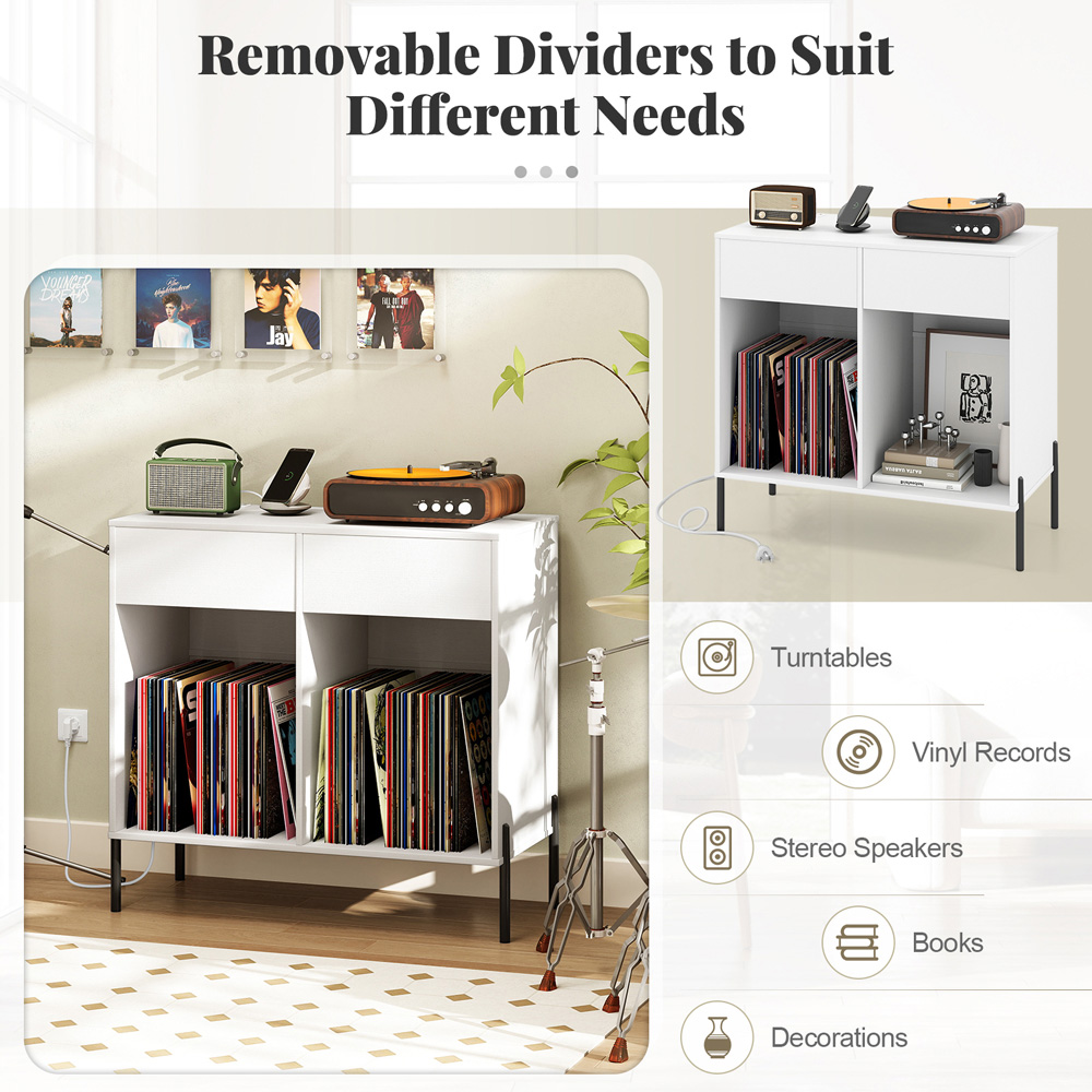 Costway 2 Drawer White Record Player Stand with Power Outlet Image 6