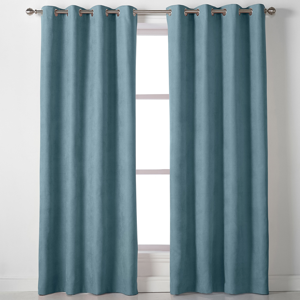 Alan Symonds Teal Velvet Chenille Ring Top Eyelet Curtains 142 x 137cm Image 1