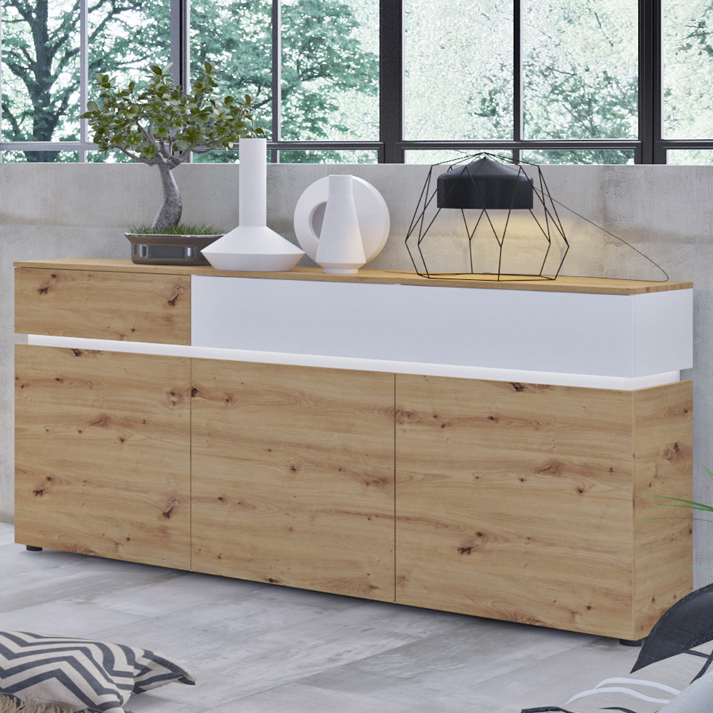 Florence Luci 3 Door 2 Drawer White and Oak Sideboard with LED Lighting Image 1