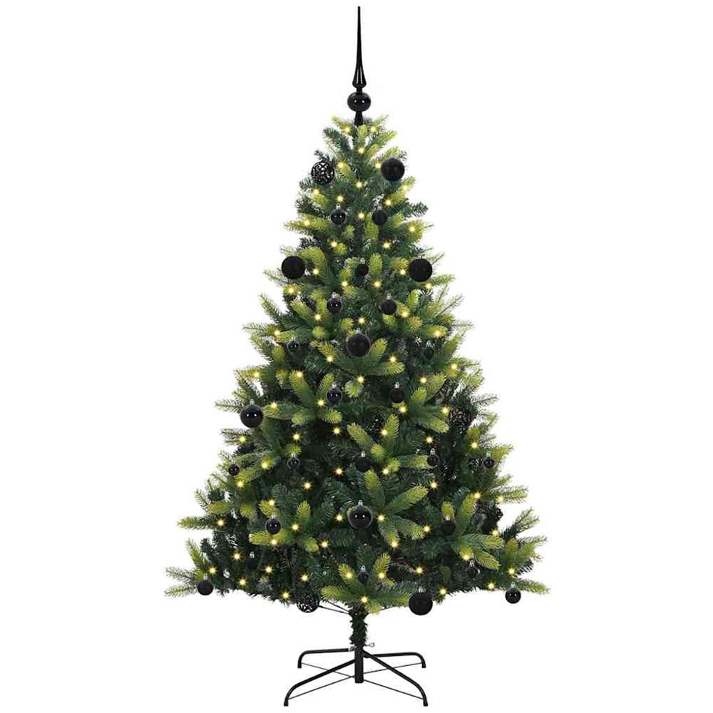 vidaXL Pre-Lit Black Baubles Green Artificial Hinged Christmas Tree 5ft Image 1
