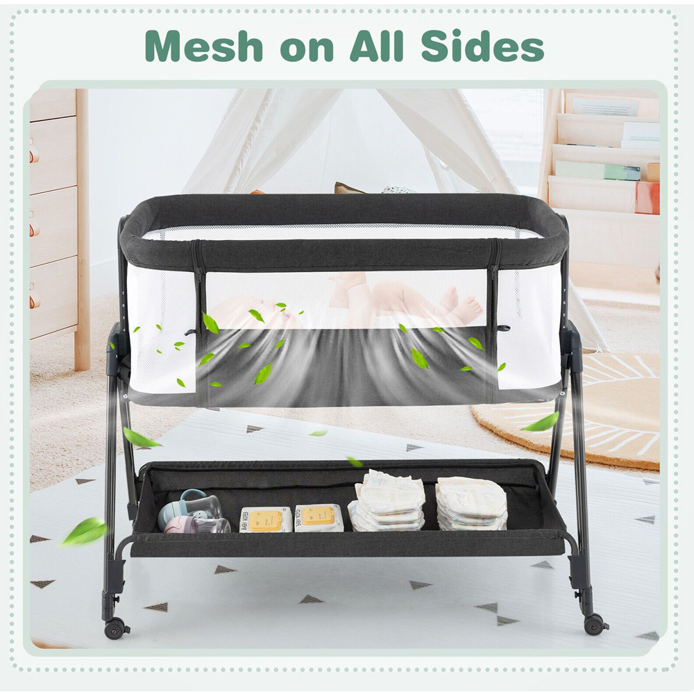 Costway Grey Baby Bedside Crib with Mattress Image 4