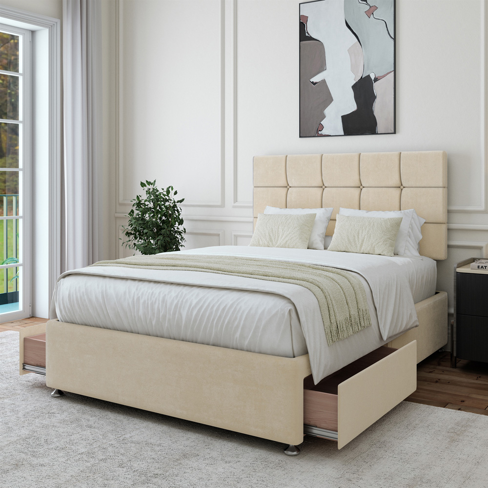 Bedmaster Super King Size Cream Naples Velvet 2 Drawer Divan Base with Pearl Headboard Image 3