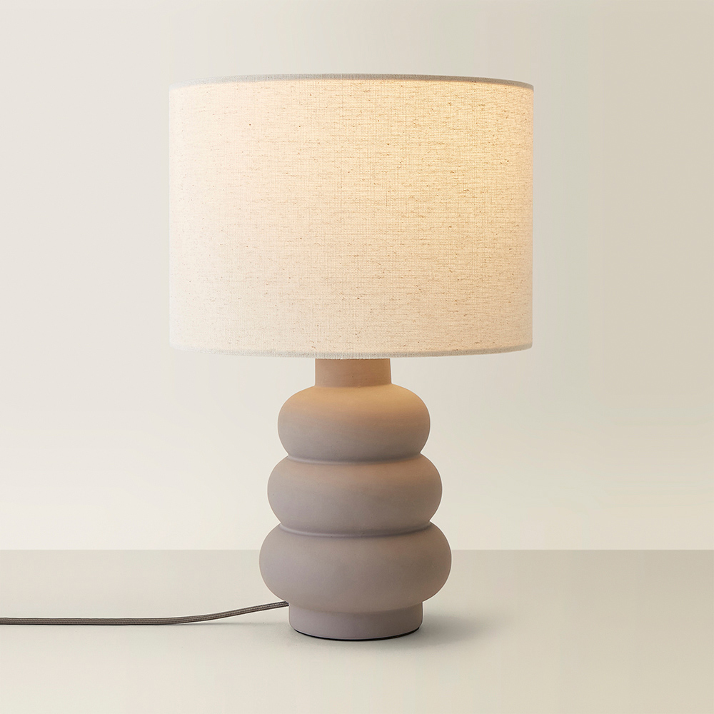ValueLights Rochelle Natural Linen Drum Shade Grey Bubble Stack Ceramic Table Lamp and Bulb Image 5