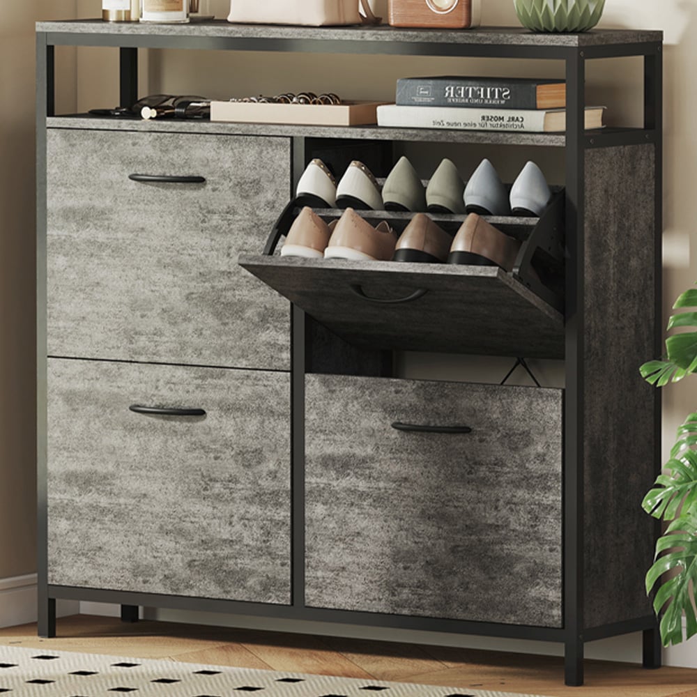 HOMCOM 4 Flip Down Drawer Single Shelf Cement Grey Shoe Cabinet Image 1