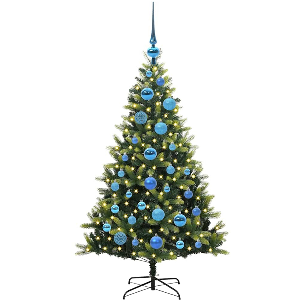 vidaXL Pre-Lit Blue Baubles Green Artificial Hinged Christmas Tree 4ft Image 1