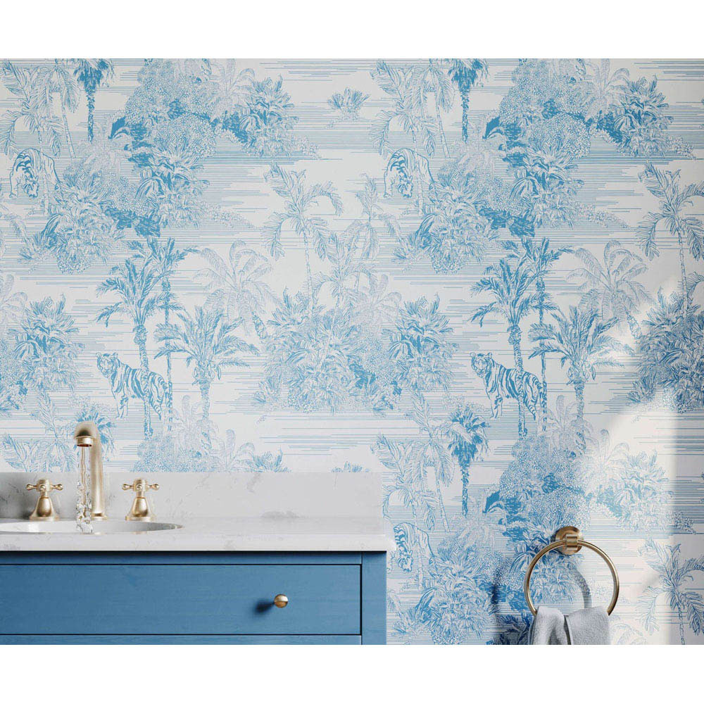Bobbi Beck Eco Luxury Tiger and Palm Tree Blue Wallpaper Image 2